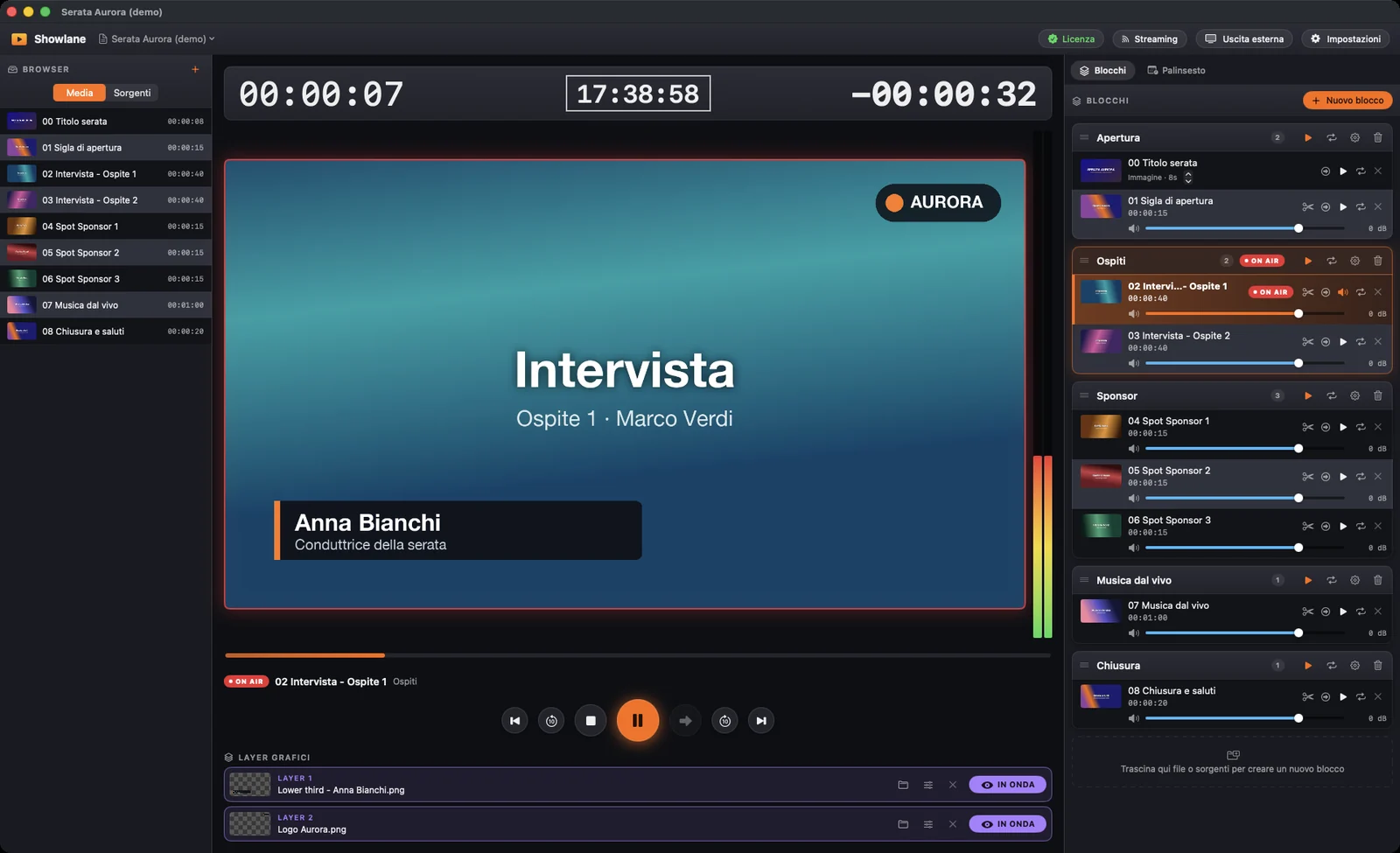 Showlane in onda: playlist a blocchi, anteprima, timecode, vu-meter e layer grafici