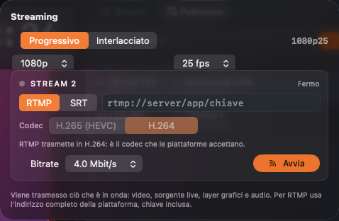 Impostazioni streaming di Showlane: RTMP o SRT, codec e bitrate